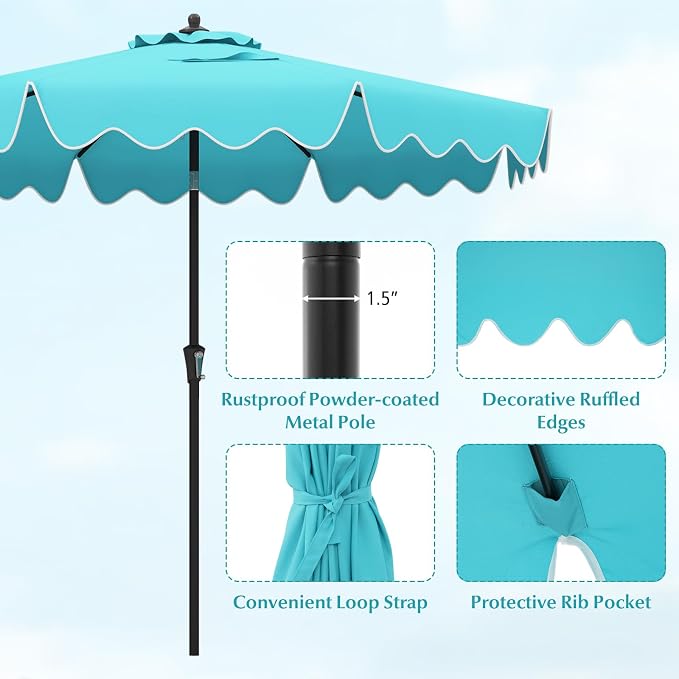 Tangkula 9Ft Patio Umbrella with Crank, 2-Tier Outdoor Umbrella with Push Button Tilt, Sun-Protective Canopy, 8 Ribs, Scalloped Patio Umbrella for Outdoor Beach Deck Pool Table (Turquoise)