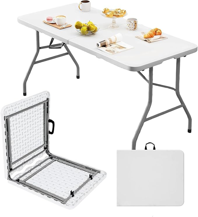 8ft Folding Table, Portable Foldable Plastic Table with Heavy-Duty Top & Reinforced Legs, 360lbs Capacity for Wedding, Party, Camping, Craft Fair, Picnic, Indoor Outdoor Use, White