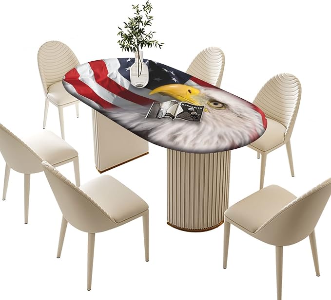 4th of July Oval Fitted Tablecloths, American Bald Eagle on American Flag Elastic Edged Table Covers, Fits Tables up to 52" x 70", Windproof Table Cloths for Indoor Restaurant Outdoor Dining Decor
