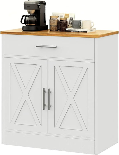 Vongrasig Farmhouse Coffee Bar Cabinet, Small Sideboard Buffet with Storage, Modern Kitchen Storage Cabinet with 1 Drawer and 2 Doors for Kitchen, Dining Room, White