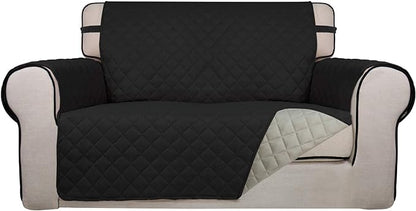 PureFit Reversible Quilted Couch Covers for Dogs Loveseat Sofa Cover 46.5” | Black/Beige, Water Resistant Couch Protector, Washable Pet Couch Cover with Non Slip and Elastic Straps For Kids