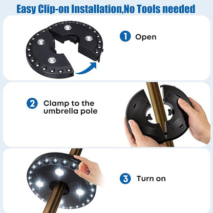 OYOCO Patio Umbrella Light 3 Brightness Modes Cordless,with 24+4 Cool White LEDs-4 * AA Battery Operated Umbrella Lights,Fits 1.15"-2" Umbrella Poles,for Patio Umbrellas,Camping Tents and Indoor Use