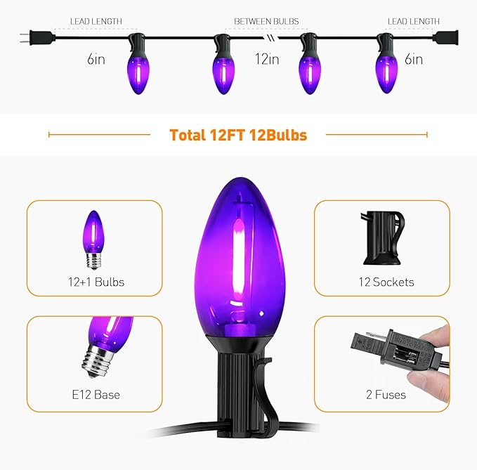 C7 LED Christmas & Halloween Lights - 12FT Outdoor Purple String Lights with 12 Vintage LED Bulbs, Indoor/Outside Hanging Decor for Porch, Garden, Backyard, Balcony, Holiday Party
