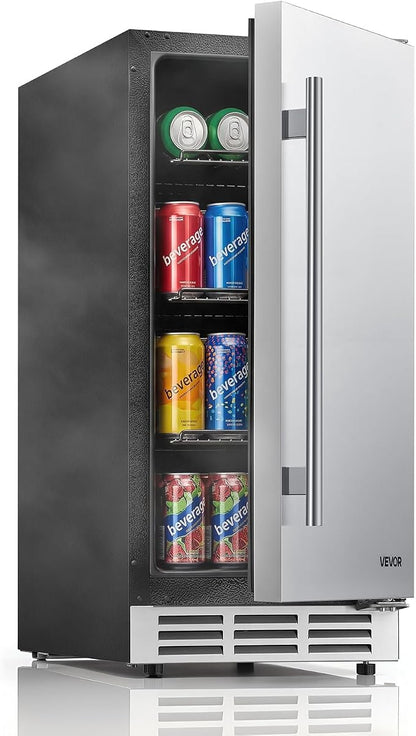 VEVOR Outdoor Beverage Refrigerator, 15 Inch Undercounter Drink Fridge | 304 Stainless Steel Door, 3.0 Cu. Ft, Hold 94 Cans, Powerful Cooling System, Built-in / Freestand Cooler, Home Bar & Patio