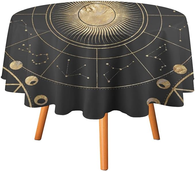 Retro Sun Moon Phases Round Tablecloth Vintage Star Magical Galaxy Space Table Cloth Water Resistant Wipeable Table Cover for Farmhouse Picnic Party Holiday Kitchen Dinner Table 60"