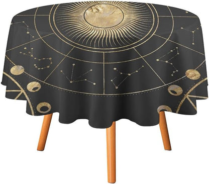 Retro Sun Moon Phases Round Tablecloth Vintage Star Magical Galaxy Space Table Cloth Water Resistant Wipeable Table Cover for Farmhouse Picnic Party Holiday Kitchen Dinner Table 60"