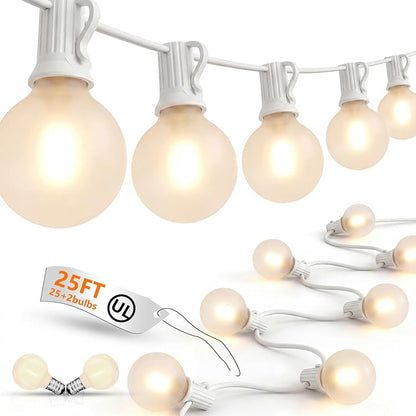 25Ft G40 LED Frosted White String Lights Outdoor with 27 Shatterproof Globe Bulbs Patio Lights White Wire, Waterproof Hanging Bistro Lights for Wedding Party Backyard Garden Porch Christmas Decor