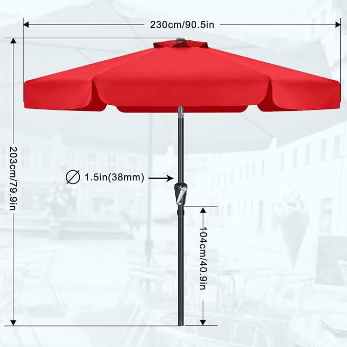 MASTERCANOPY 7.5ft Patio Umbrella with Valance, Crank & Tilt, Red | 6 ribs, UV/fade-resist, waterproof, vent, for garden/deck/yard/pool