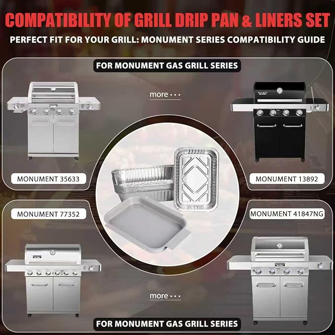 Drip Pan Liners for Most Monument Grills 35633 24633 24367 17842 14633 13762 41847NG 25392, Universal Grease Box & 10 PCS Aluminum Foil Liner for Monument Grill Accessories, 8.4 x 5.8 Foil Drip Pans