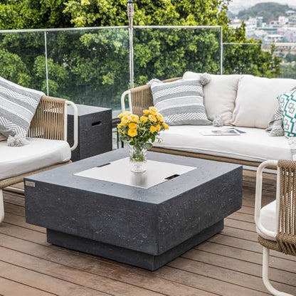 Elementi Manhattan Fire Pit Bundle Outdoor Firepit Set Includes 36” Dark Grey Propane Concrete Firepit Table, Glass Windscreen, Stainless Steel Cover, Canvas Cover, Floor Mat, Ice Bucket