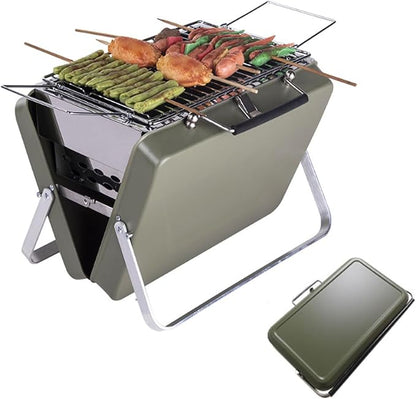 Septpenta Charcoal BBQ Grill, Portable Small Grills, Folding Notebook Grill, Wavy Grid Non Stick Design, Suitcase Style Storage for Outdoor Cooking Camping Beach Traveling Picnic Backyard(Green)