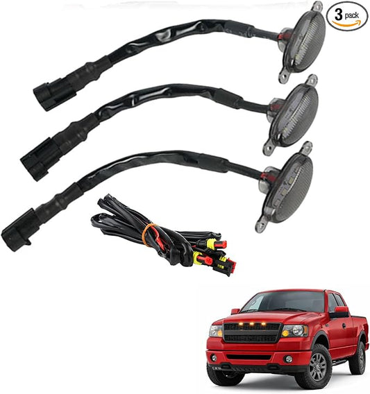 Amber LED Grille Light Kit with Wiring Harness Compatible with Ford F-150 Aftermarket Grilles 2004-2019, Smoked Lens Amber Lights