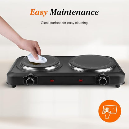1800W Electric Stove Infrared Burner, Portable Double Burner Electric Cooktop with Stepless Temperature Adjustments, Counter Dual Stove with 7.5” Glass Cooktop for Home RV Camp Cooking