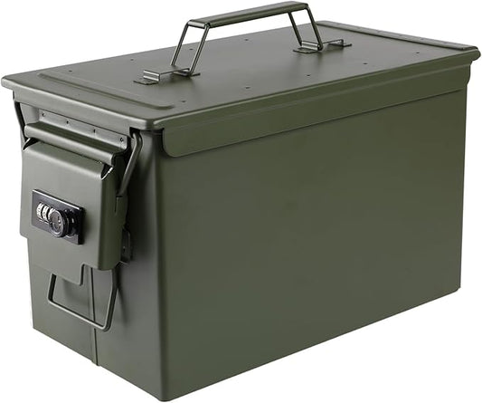 Ammo Can & Ammo Box, Fireproof & Waterproof Metal Storage Box - Perfect for Ammo, Lithium Batteries & RC Car Batteries (Square Lock, Green-12.8 * 7.4 * 6.1")