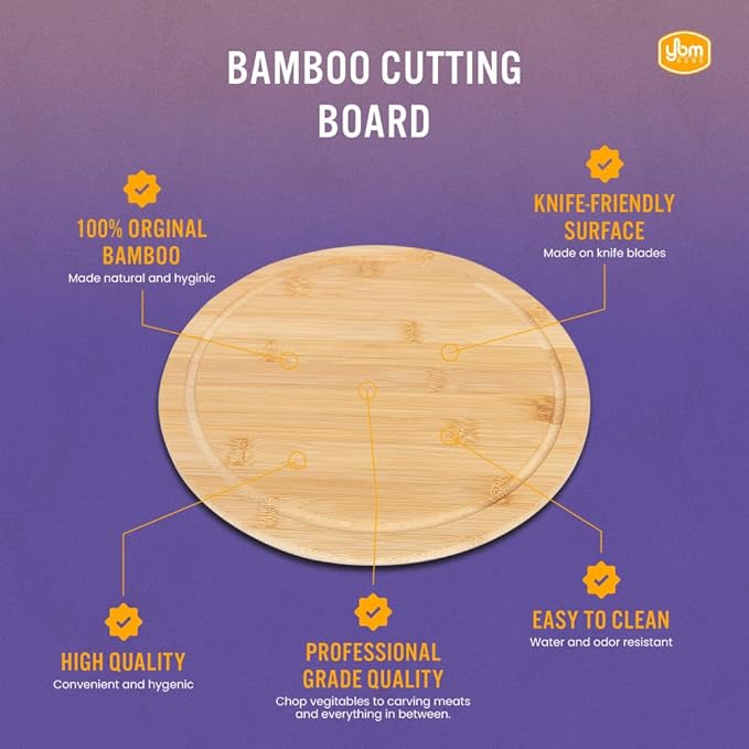 YBM Home Round bamboo Organic Cutting Board 11 inch, Food Prepping, Meat, and Vegetables - 100% Natural Premium Kitchen Chopping Board and Butcher Block with Juice Grooves, Non-Porous