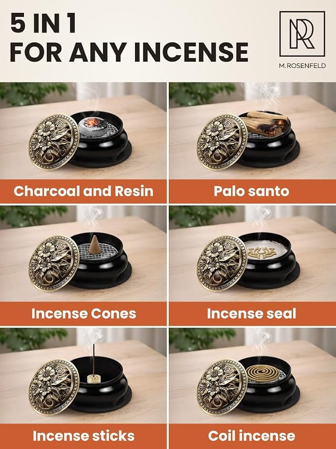 Frankincense Burner for Resin & Bakhoor – Glazed Black Ceramic Charcoal Incense Burner with Lid, Stainless Steel Mesh and Heat-Resistant Cotton Lining, Gothic Altar Censer