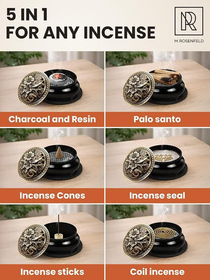 Frankincense Burner for Resin & Bakhoor – Glazed Black Ceramic Charcoal Incense Burner with Lid, Stainless Steel Mesh and Heat-Resistant Cotton Lining, Gothic Altar Censer