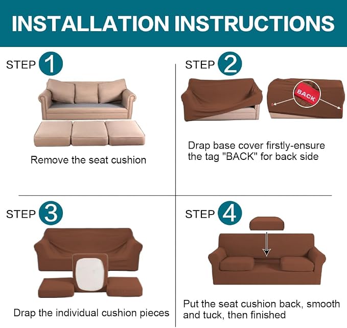 Turquoize 4 Piece Sofa Covers for 3 Cushion Couch Slipcover Soft Cover Dogs-Washable Furniture with Individual Covers,Feature Jacquard Fabric(3 Cushion Sofa, Caramel)