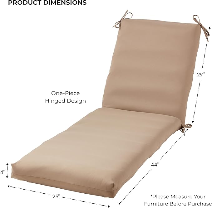 Modern Outdoor Chaise Lounge Cushion with Ties – Durable Polyester Fabric, Channel-Filled Polyfiber Insert, Removable Zippered Cover, Coronado