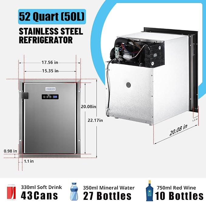 12 Volt Refrigerator RV Refrigerator Built-in Fridge Compressor Refrigerator Mini Fridge with Freezer for Apartment Office Boat Yacht RV Caravan (Silver Stainless Steels, 50L)