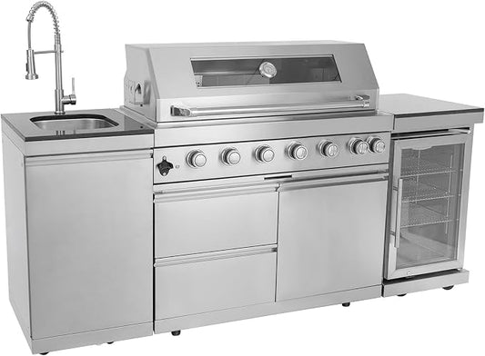 82" Modular Outdoor Kitchen Island with Grill, 6-Burner 85,000 BTU Propane BBQ Island, 304 Stainless Steel, Refrigerator, Sink & Rotisserie, for Backyard and Patio Cooking, Silver