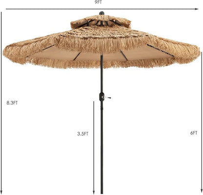 Tangkula 9 ft Thatched Patio Umbrella, 2 Tier Hawaiian Style PE Grass Beach Umbrella with 8 Ribs, Tilt Adjustment, Manual Crank, Tiki Umbrella for Backyard, Poolside, Deck