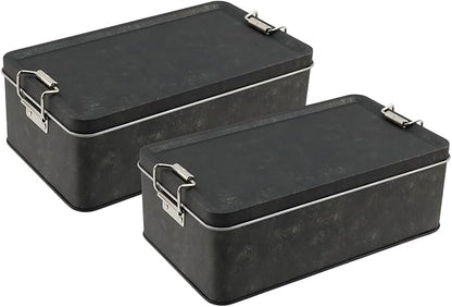 2 Pcs Metal Storage Box, Tinplate Retro Black Tin Box Containers with Lid Buckle Latch for Outdoor, Picnic, Home (7.28"×4.13"×2.56", Retro Black)