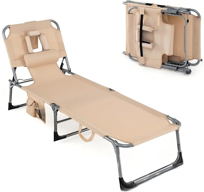 GYMAX Tanning Chair, Folding Lounger with Face/Arm Holes, Carry Handles & Side Pocket, Portable Lightweight Layout Beach Chair for Outdoor/Indoor, Face Down Sun Lounger (1, Sand)