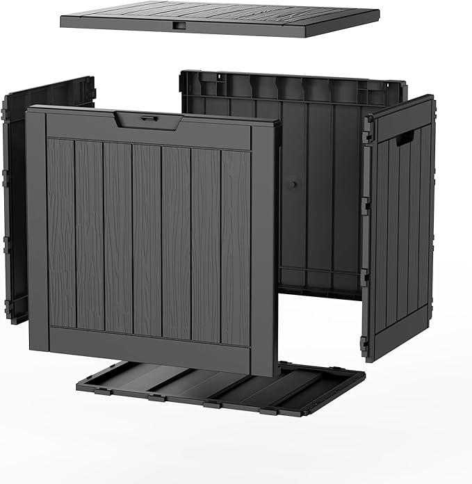 Pepe Tee Waterproof Resin Deck Box, Outdoor Storage Bin with Slatted Texture, All-Weather Patio Side Table & Garden Organizer, Black