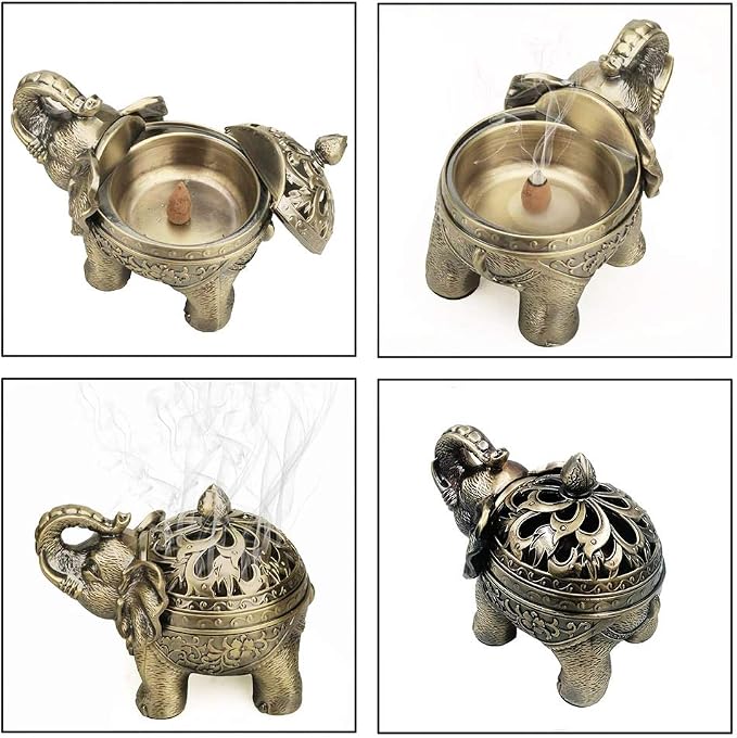 Hourwof Metal Elephant Incense Holder,Vintage Cone Coil Incense Burner with Lid,Ash Catcher,Aromatherapy Ornament Home Office Decor,Bronze