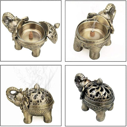 Hourwof Metal Elephant Incense Holder,Vintage Cone Coil Incense Burner with Lid,Ash Catcher,Aromatherapy Ornament Home Office Decor,Bronze