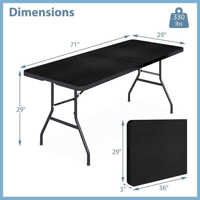 Giantex Folding Picnic Table, 6FT Portable Foldable Tables for Party BBQ, Metal Legs, HDPE, Outdoor Indoor Camping Table with Handle, No Assembly (Black)