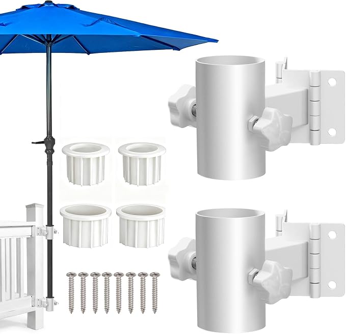 Stainless Steel Deck Umbrella Mount,Heavy Duty Patio Umbrella Holder for Deck Railing (Fit Max OD 2 Inch),Can Be Installed at Right Angles or Flat Surfaces,White