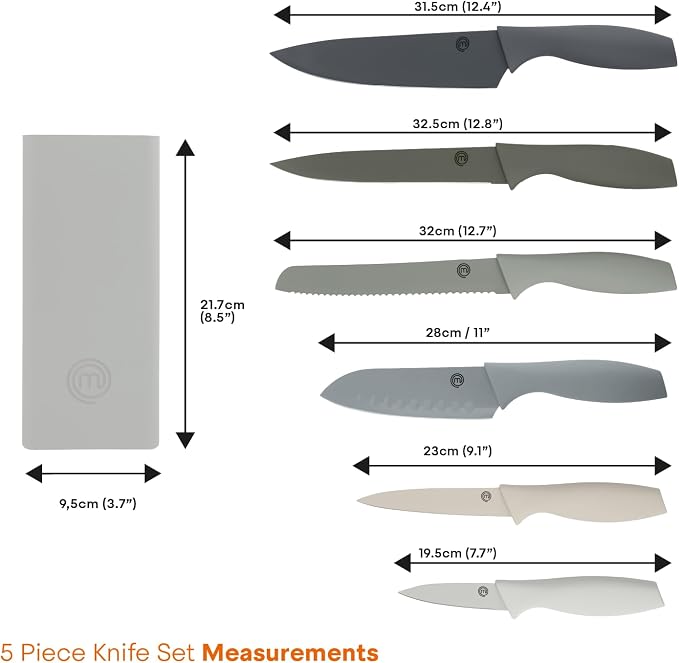 MasterChef Knife Set with Block, 7pc Kitchen Knives Set with Holder, Grey | Knife Block Set with Sharp Stainless Steel Blades for Precise Cutting with Non Stick Coating & Soft Touch Easy Grip Handles