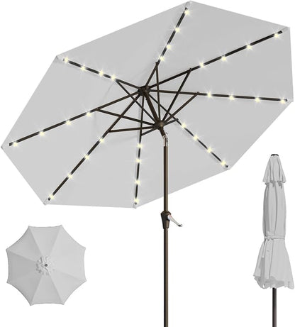 10FT Solar Umbrella 32 LED Lighted Patio Umbrella Table Market Umbrella w/Tilt and Crank, UV-Resistant Outdoor Umbrella for Pool, Garden, Deck, Light Gray