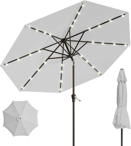 10FT Solar Umbrella 32 LED Lighted Patio Umbrella Table Market Umbrella w/Tilt and Crank, UV-Resistant Outdoor Umbrella for Pool, Garden, Deck, Light Gray