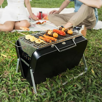 Portable Charcoal BBQ Grill, Briefcase Shape Non-stick Steel Barbecue Grill for Outdoors Camping Picnic and Party Cooking