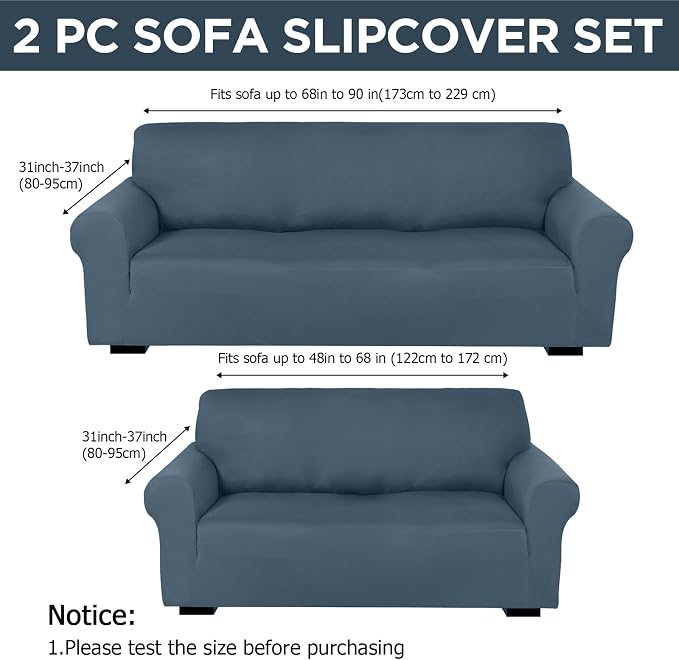 Peryiter 2 Pcs Couch and Loveseat Sofa Covers,Bluestone,Milk Silk | Armchair Covers for Living Room, Sofa Cushion Slipcover 2/3 Seater, Furniture Protector, Polyester and Spandex, Washable