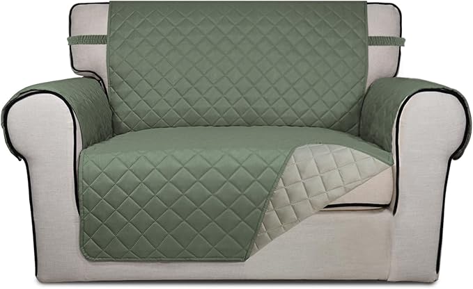 PureFit Reversible Quilted Sofa Cover Dog Couch Covers for Sofa, 28 in | Greyish Green/Beige, Water Resistant Couch Protector, Washable Pet Couch Cover with Non Slip and Elastic Straps For Kids
