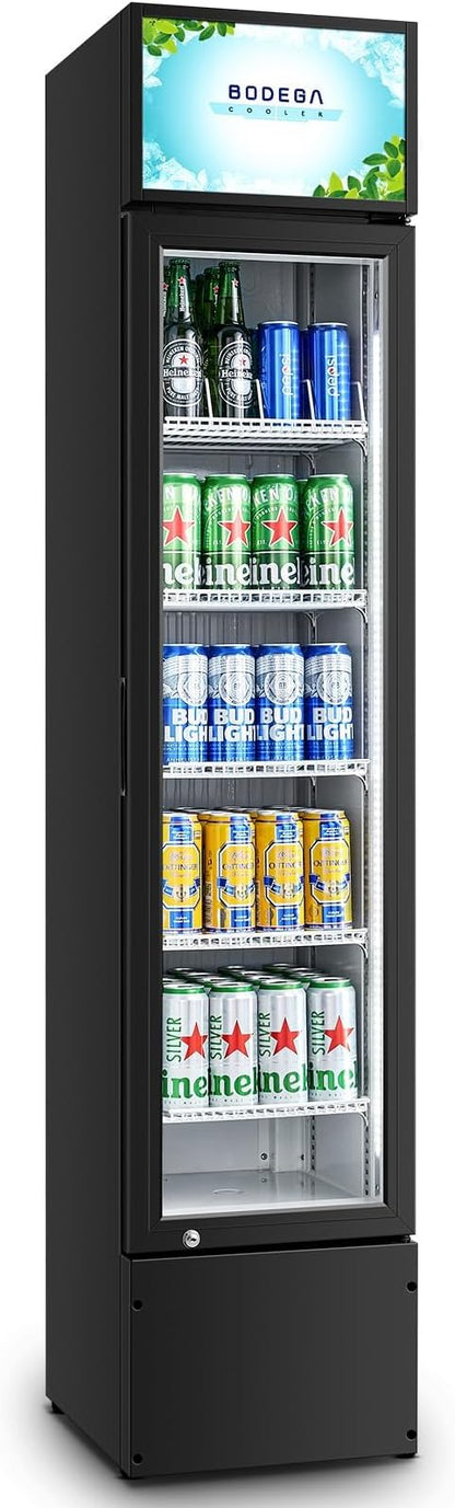 BODEGACOOLER Commercial Merchandiser Refrigerator, 5.7 Cu.Ft Single Swing Glass Door Beverage Cooler, Upright Display Refrigerator with Soft LED Light, Adjustable Shelves, Black