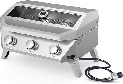 BESTFIRE 3-Burner Tabletop Gas Grill with Viewing Glass, 30,000 BTU Stainless Steel Portable Propane BBQ Grill with Thermometer, Professional Outdoor Cooking for Patio, Camping, RV and Tailgating