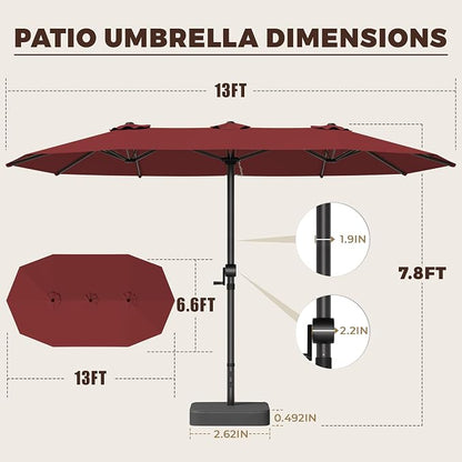 GDPFN 13FT Large Patio Umbrella with Base Included, Outdoor Deck Standing Umbrella with Crank Handle, Double-Side Rectangular Pool Umbrella for Outside, Market, Patio, Burgundy (Base Not Include)