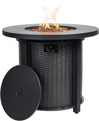 30'' Round Propane Fire Pit Table, 50,000 BTU Steel Gas FirePit for Outdoor, Fire Table with Lid, Add Warmth & Ambience to Gatherings and Parties On Patio Deck Garden Backyard, Black.
