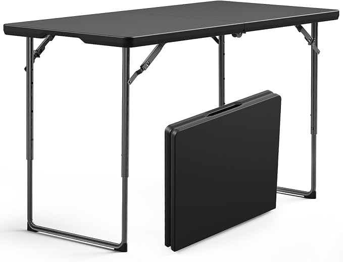 Folding Table, 4FT Foldable Picnic Table with Adjustable Height, Heavy Duty Fold-in-Half Portable Table for Weddings, Camping, RV Travel, Parties, BBQs, and Indoor Use, Easy to Fold and Store