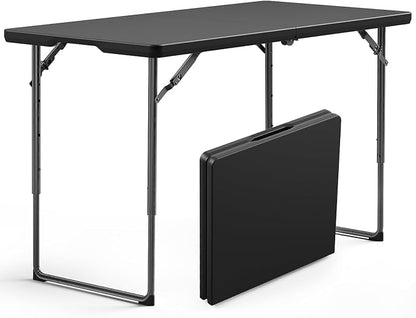Folding Table, 4FT Foldable Picnic Table with Adjustable Height, Heavy Duty Fold-in-Half Portable Table for Weddings, Camping, RV Travel, Parties, BBQs, and Indoor Use, Easy to Fold and Store