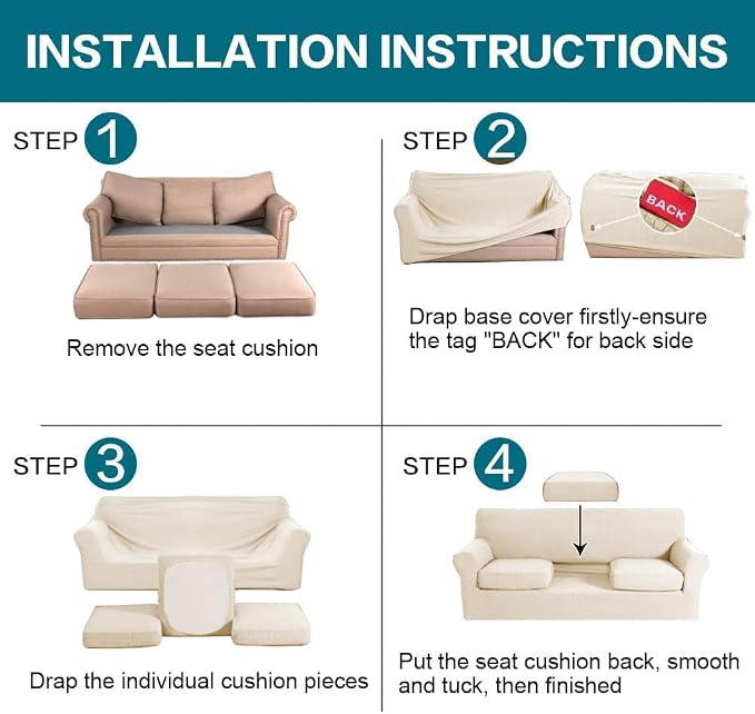 Turquoize 4 Piece Couch Cover Sofa Covers for 3 Cushion Couch Sofa Slipcovers Washable Sofa Cover for Dogs with Individual Couch Cushion Covers Feature Jacquard Fabric(3 Cushion Sofa, Biscotti Beige)