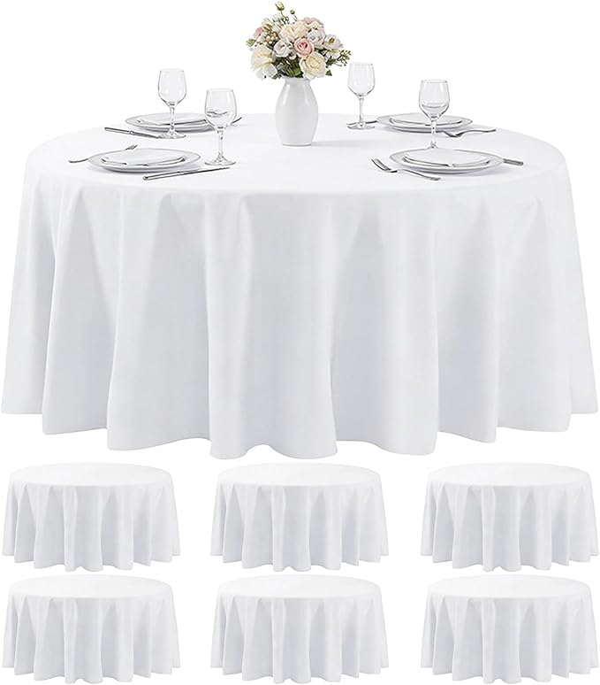 MRJ 6 Pack Round Tablecloth 120 Inch White Stain Resistant and Wrinkle Polyester Washable Table Clothes for Wedding Dining Birthday Events
