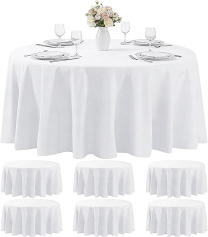 MRJ 6 Pack Round Tablecloth 120 Inch White Stain Resistant and Wrinkle Polyester Washable Table Clothes for Wedding Dining Birthday Events