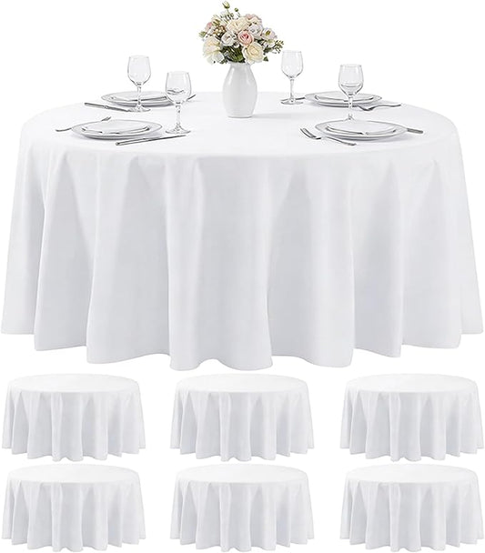 MRJ 6 Pack Round Tablecloth 120 Inch White Stain Resistant and Wrinkle Polyester Washable Table Clothes for Wedding Dining Birthday Events