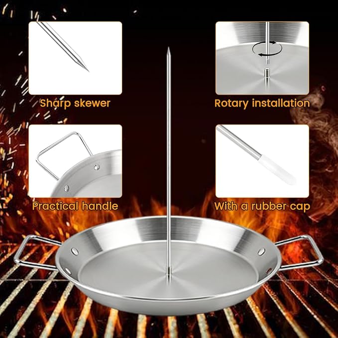 Al Pastor Skewer for Grill, 13 Inch Stainless Steel Vertical Shawarma Skewer with Gyro Pan, Brazilian Spit Stand with 5 Spikes, 2 Brushes & Gloves for Tacos Al Pastor, Kebabs, Smoker & Oven